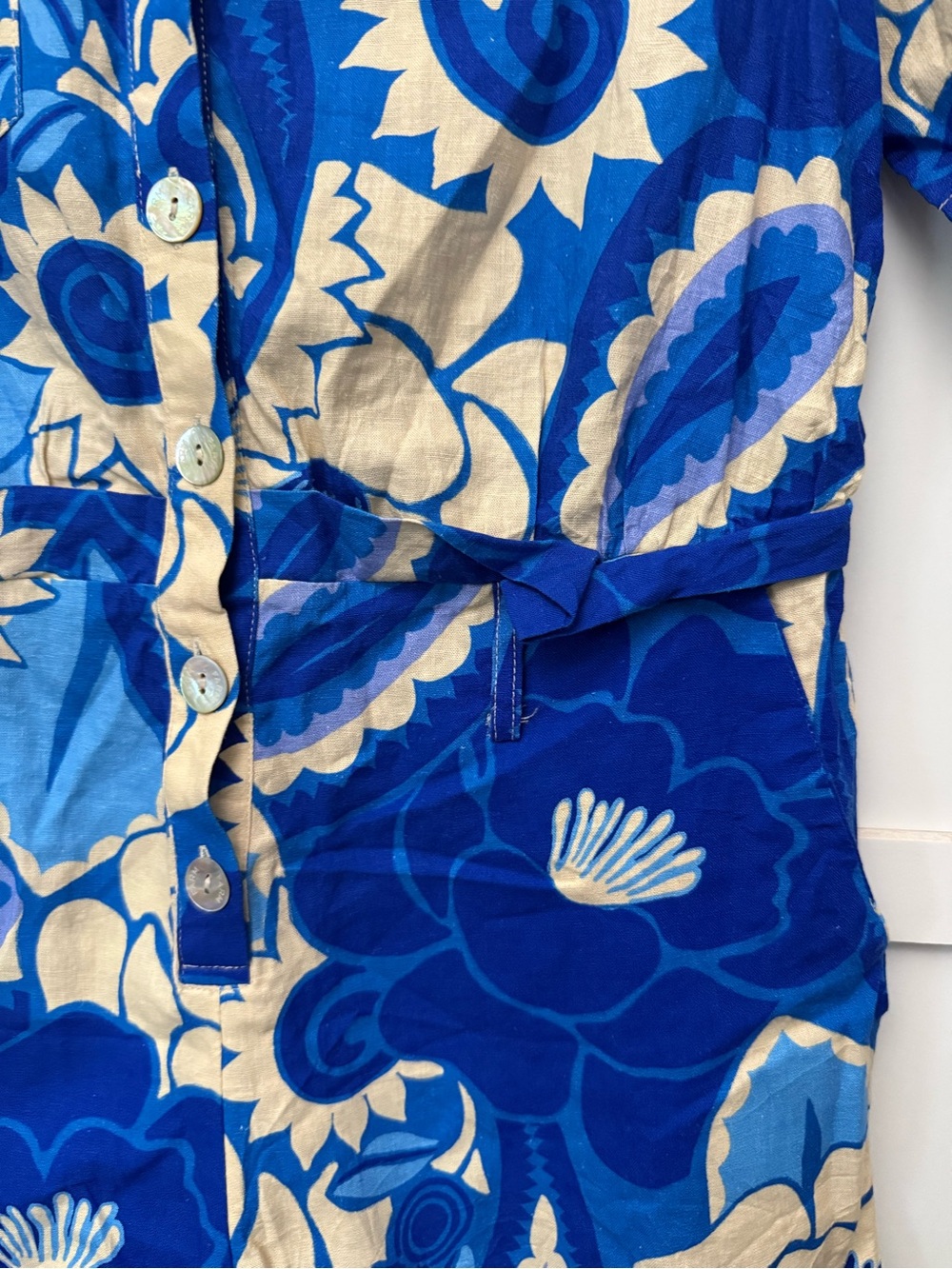 Farm Rio Tropical Groove Blue Floral Linen Romper XS - Picture 3 of 6